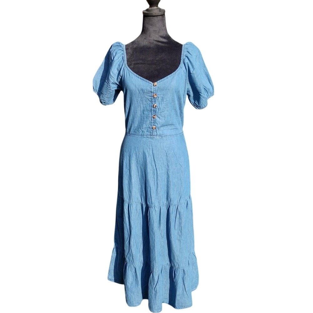 Coastal Cowgirl Denim Cotton‎ Maxi Dress Puff Sleeve Western Milkmaid - M